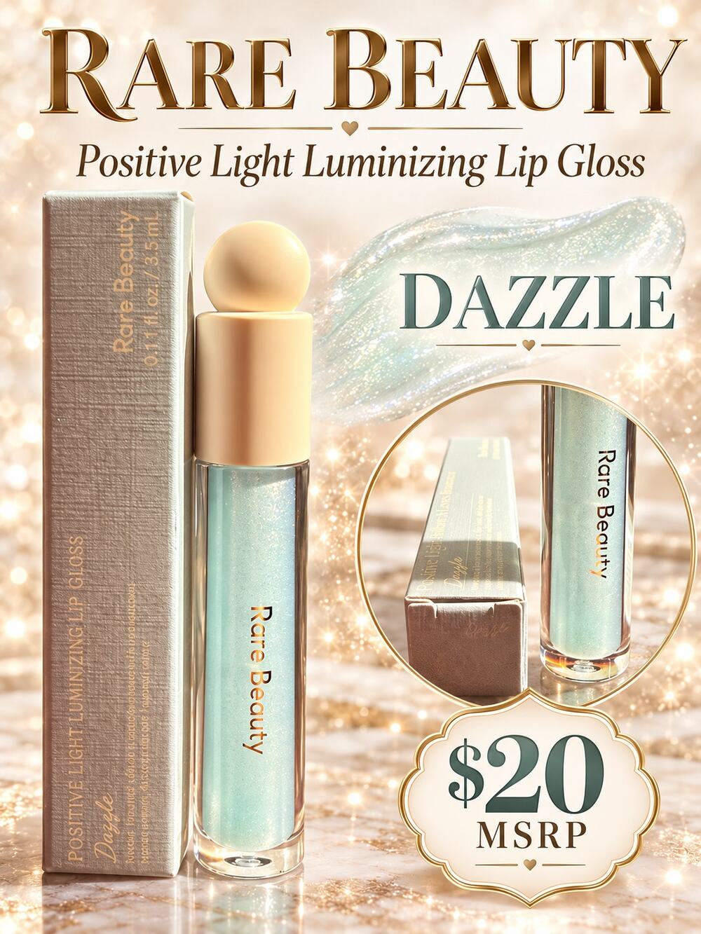 Rare Beauty $20 Positive Light Luminizing Lip Gloss in Dazzle NIB